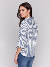 Load image into Gallery viewer, Charlie b Striped Roll Up Long Sleeve Blouse with Front Twist
