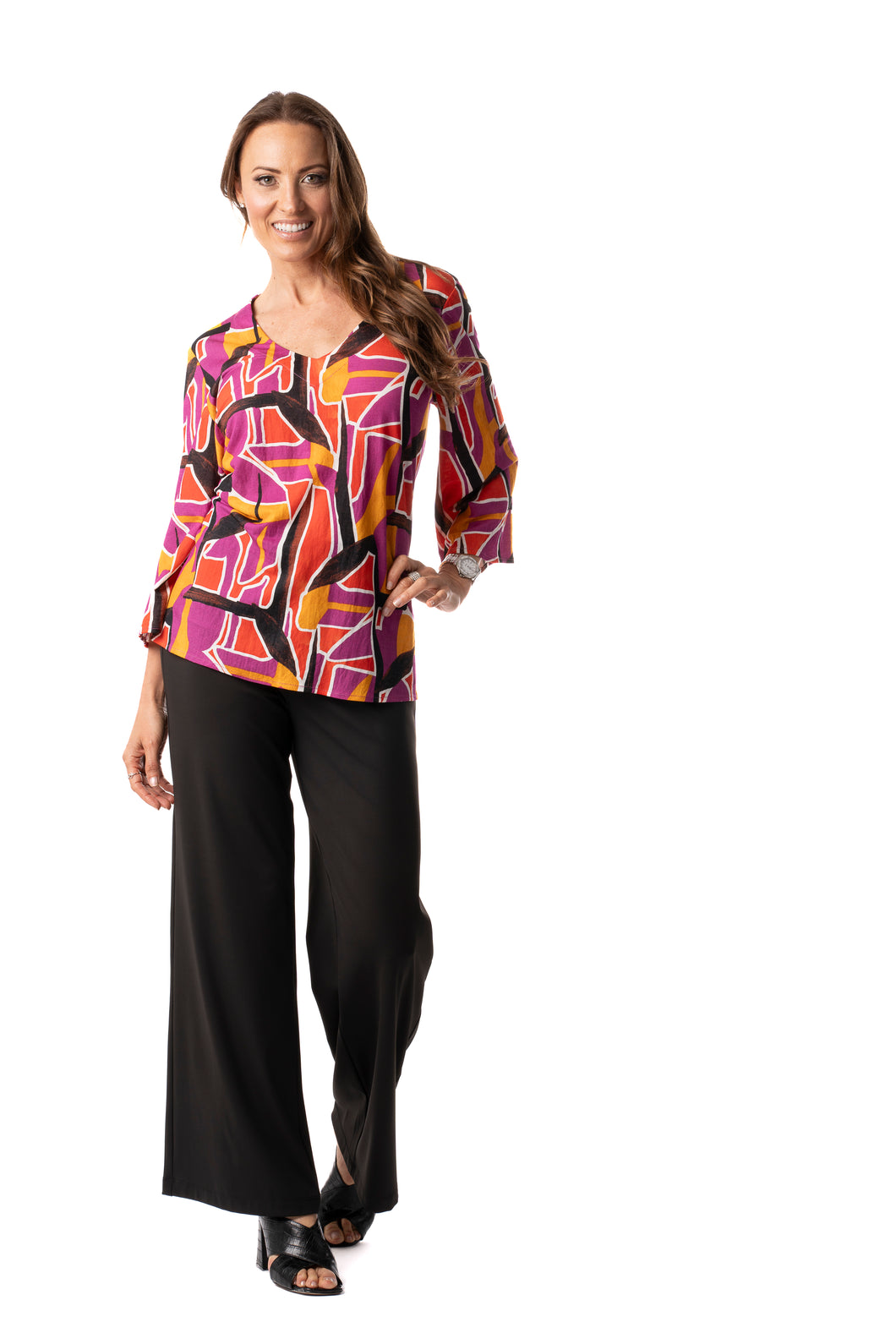 Pure Essence V-Neck Blouse with 3/4 Sleeves