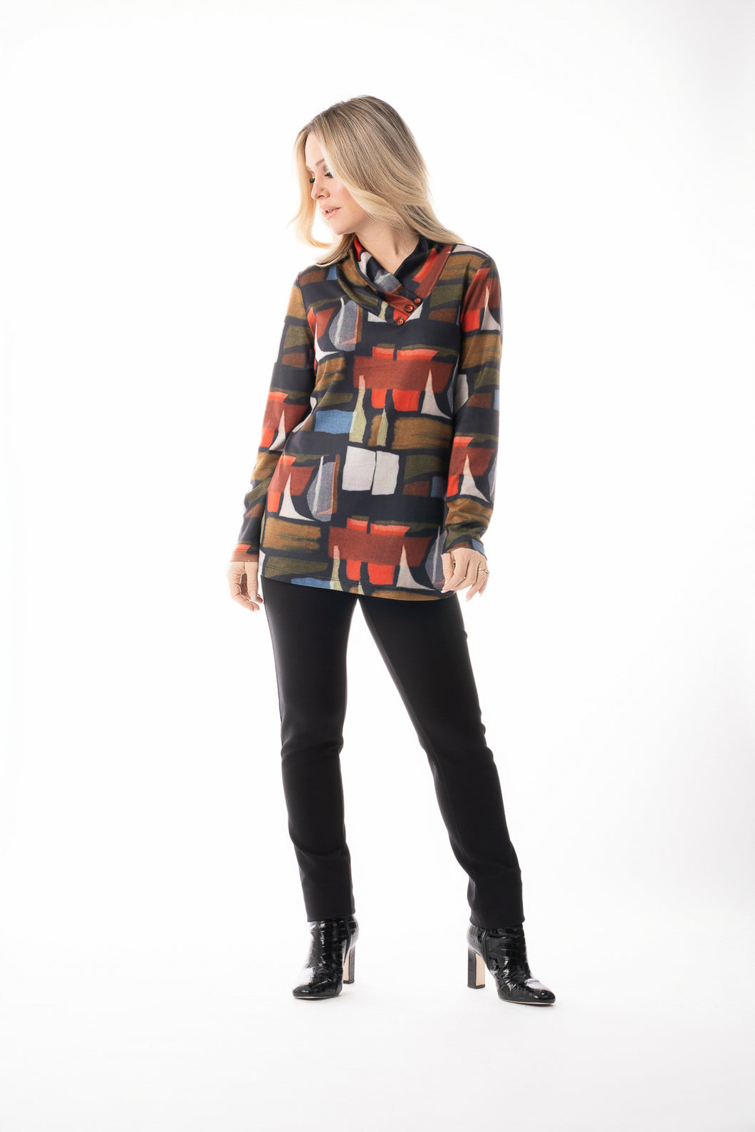Pure Essence Long Sleeve Tunic with Decorative Pleated Neckline