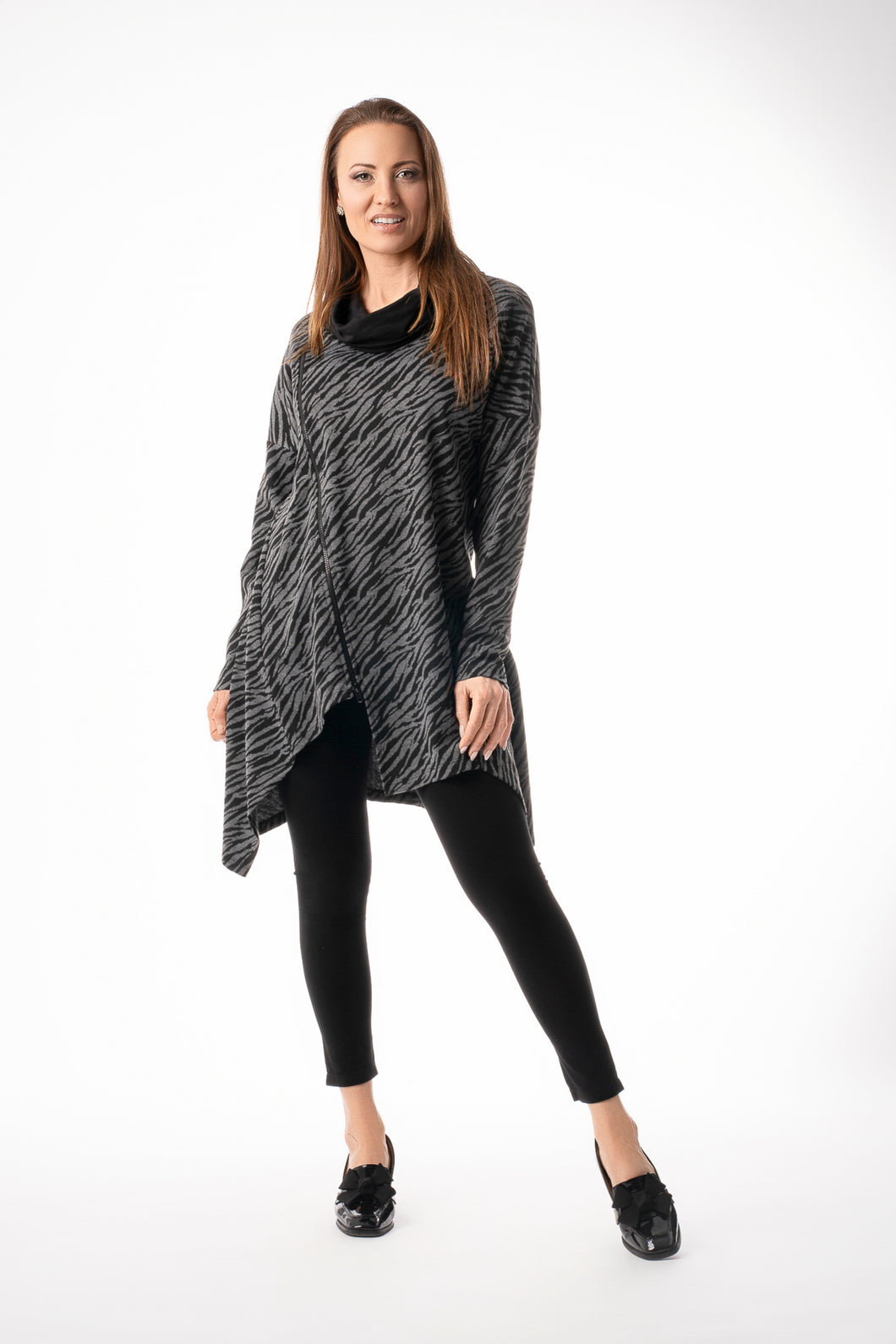 Pure Essence Animal Print Tunic with Contrasting Cowl Neck and Assymetric Hemline