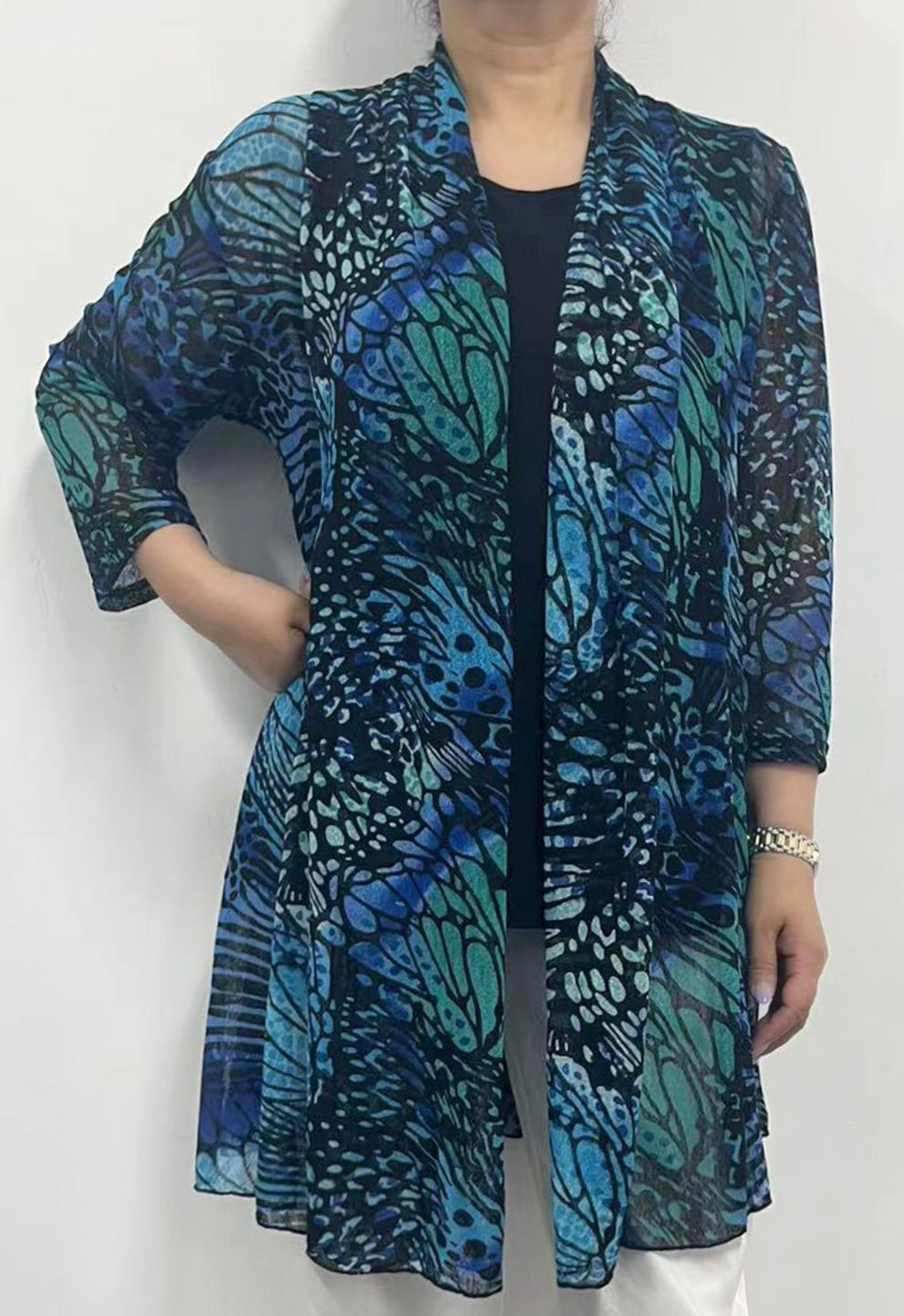 Long Sleeve Printed Lightweight Mesh Open Cardigan