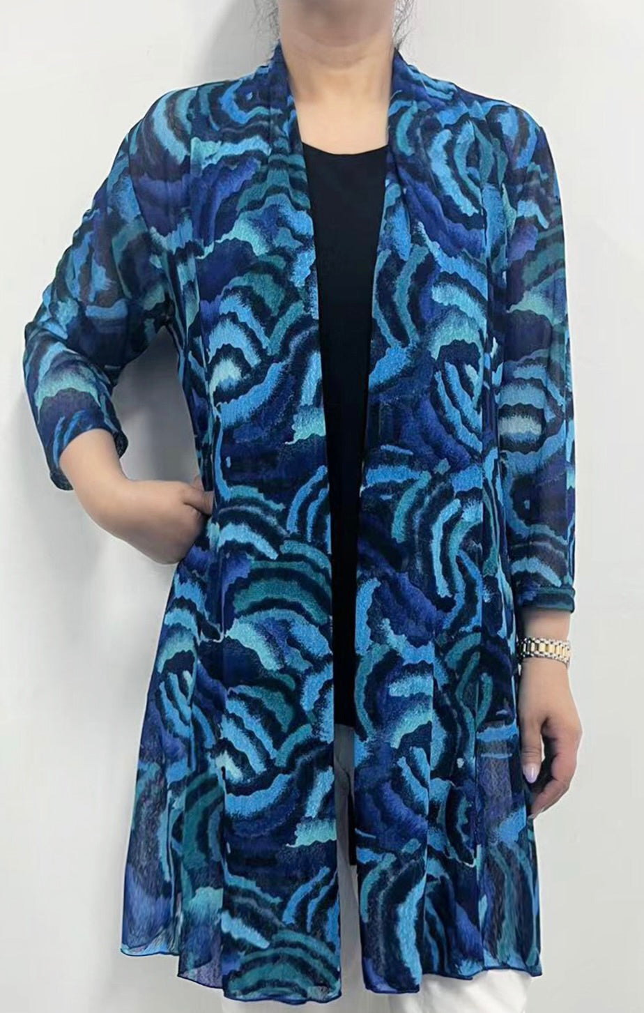 Long Sleeve Printed Lightweight Mesh Open Cardigan