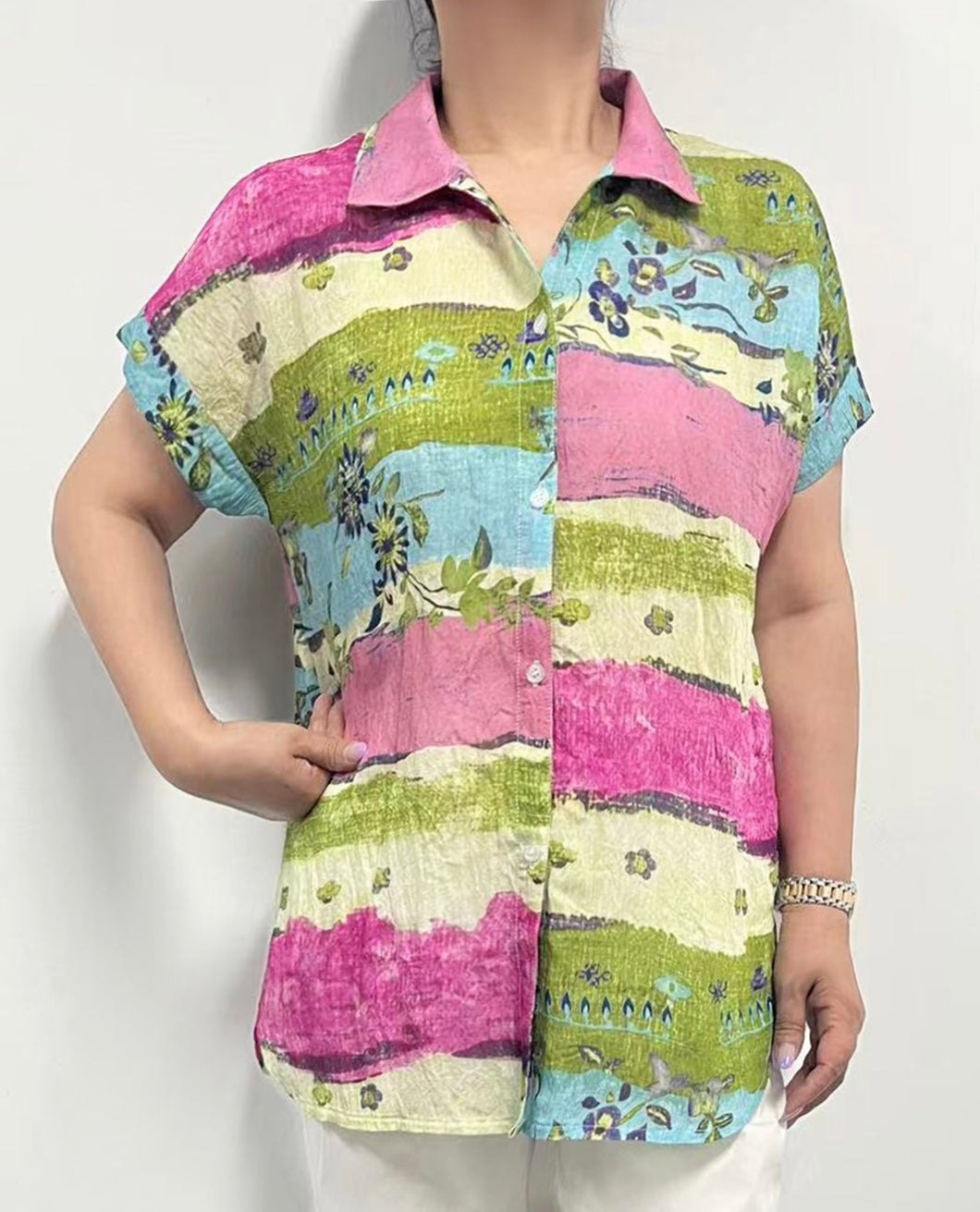 Print Shirt with Cap Sleeves and Button Down Front.