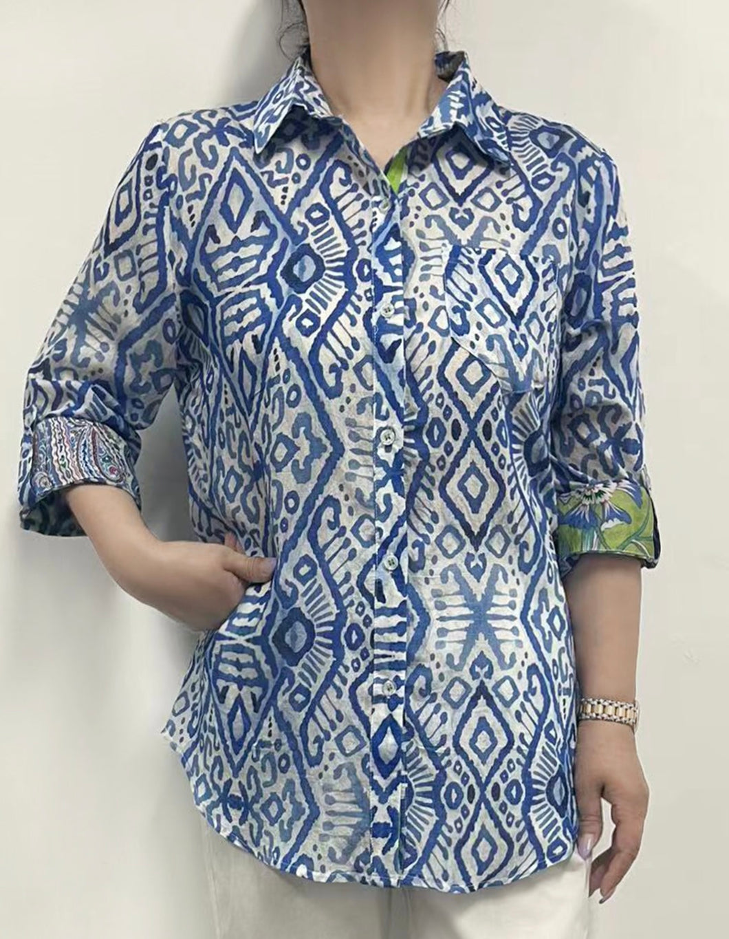 Print Shirt with Contrast Roll up Sleeves