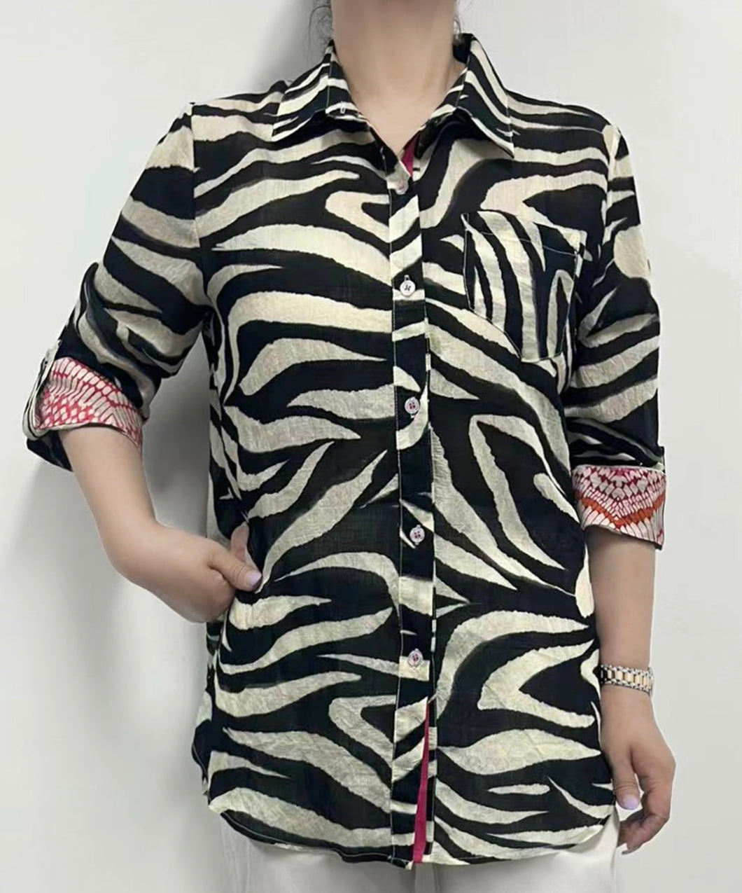 Print Shirt with Contrast Roll up Sleeves