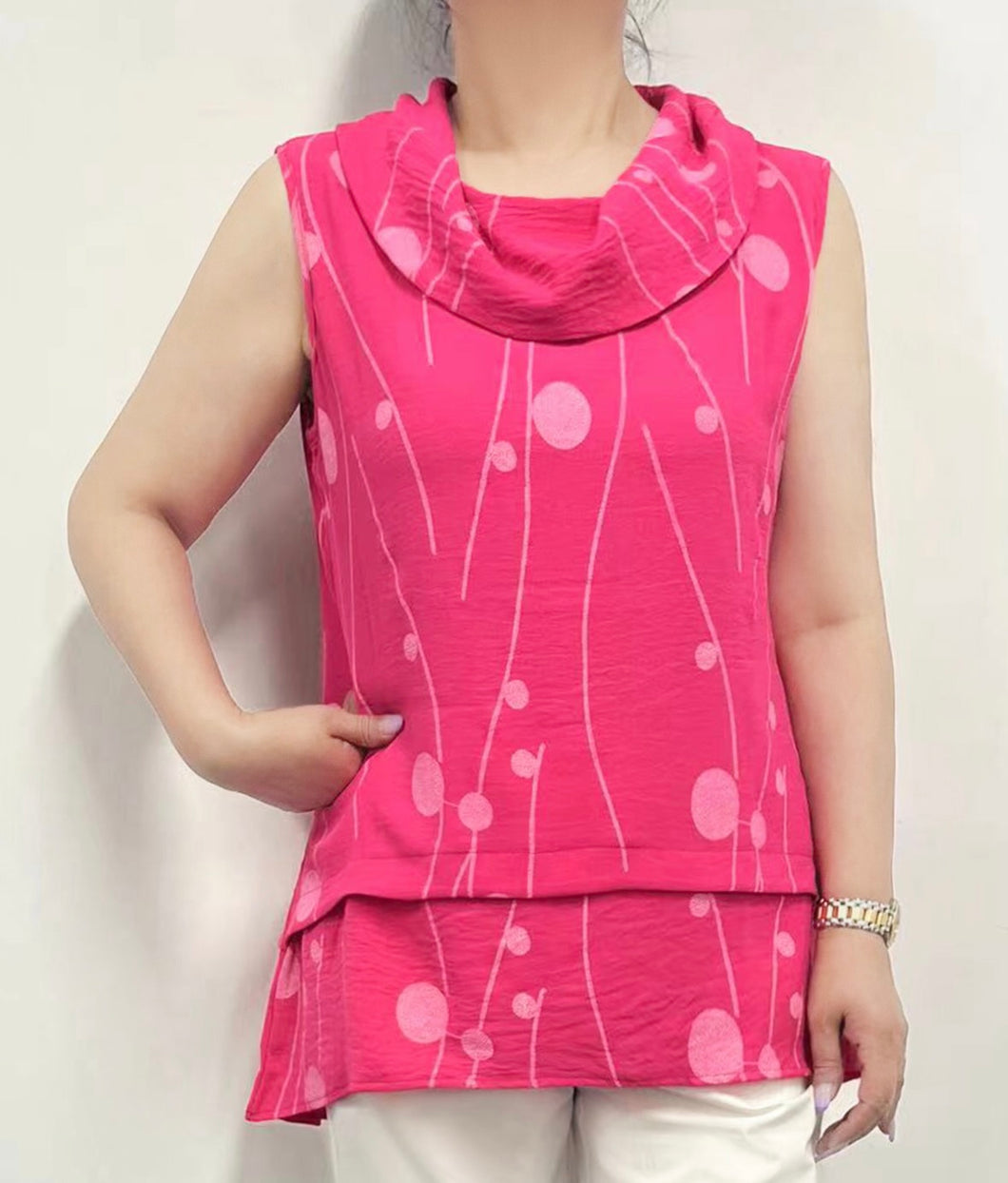 Bright Bold Sleeveless Top with a Cowl Neck and Flattering Hem Detail