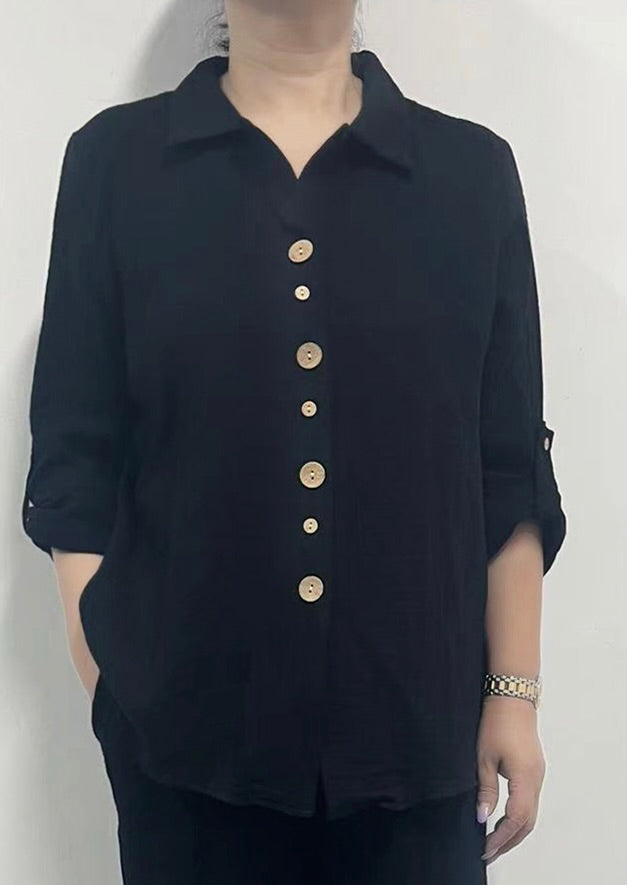 Cotton Gauze Shirt with Collar and Unique Buttons at Front