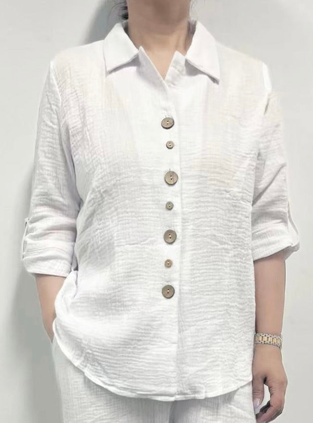 Cotton Gauze Shirt with Collar and Unique Buttons at Front