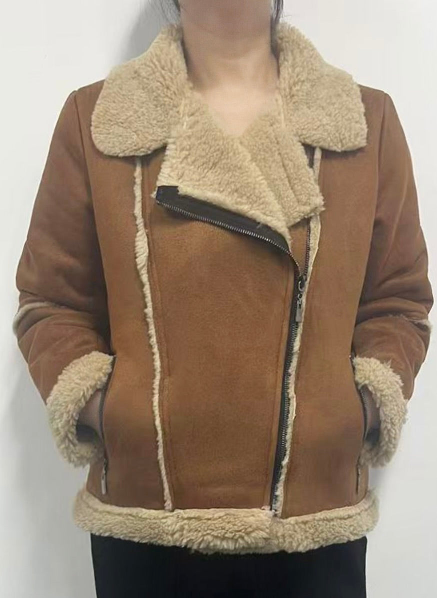 Retro Faux Suede Jacket with Assymetric Zip Up Front