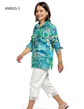 Load image into Gallery viewer, Printed Blouse with Button Front, Collar and Ruched Sleeves
