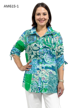 Load image into Gallery viewer, Printed Blouse with Button Front, Collar and Ruched Sleeves
