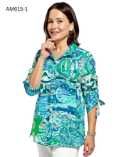 Load image into Gallery viewer, Printed Blouse with Button Front, Collar and Ruched Sleeves
