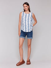 Load image into Gallery viewer, Charlie b Printed Sleeveless Crew Neck Woven Top with Rounded Hem
