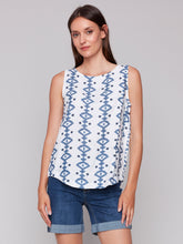 Load image into Gallery viewer, Charlie b Printed Sleeveless Crew Neck Woven Top with Rounded Hem
