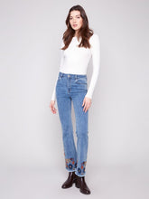 Load image into Gallery viewer, Charlie b Flare Leg Stretch Denim Pants with Colourful Embroidery on Sides and Hem
