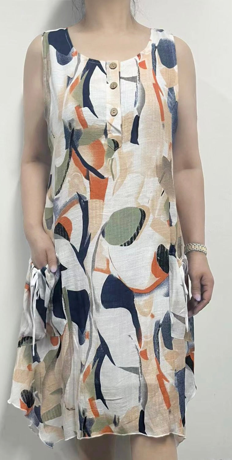 Sleeveless Dress with Fun Pockets and Button Front Detail