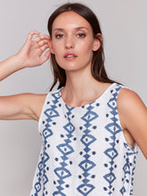 Load image into Gallery viewer, Charlie b Printed Sleeveless Crew Neck Woven Top with Rounded Hem
