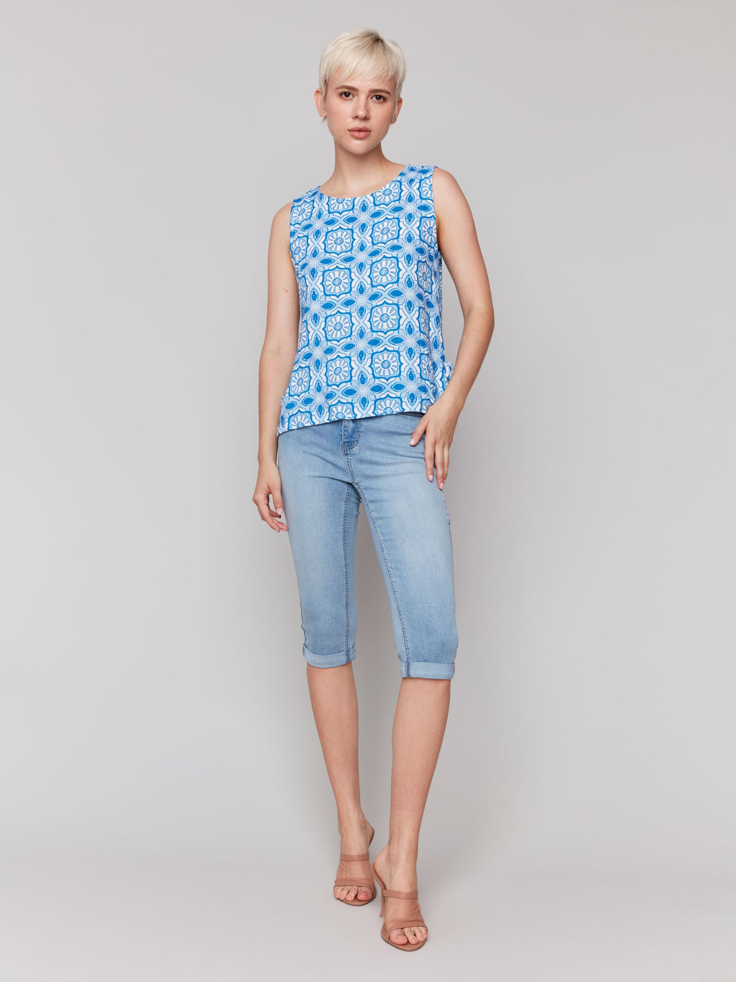 Charlie b Printed Sleeveless Linen Top with Side Ties