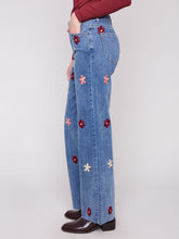 Load image into Gallery viewer, Charlie b Wide Leg Stretch Denim Pants with Allover Flower Patches
