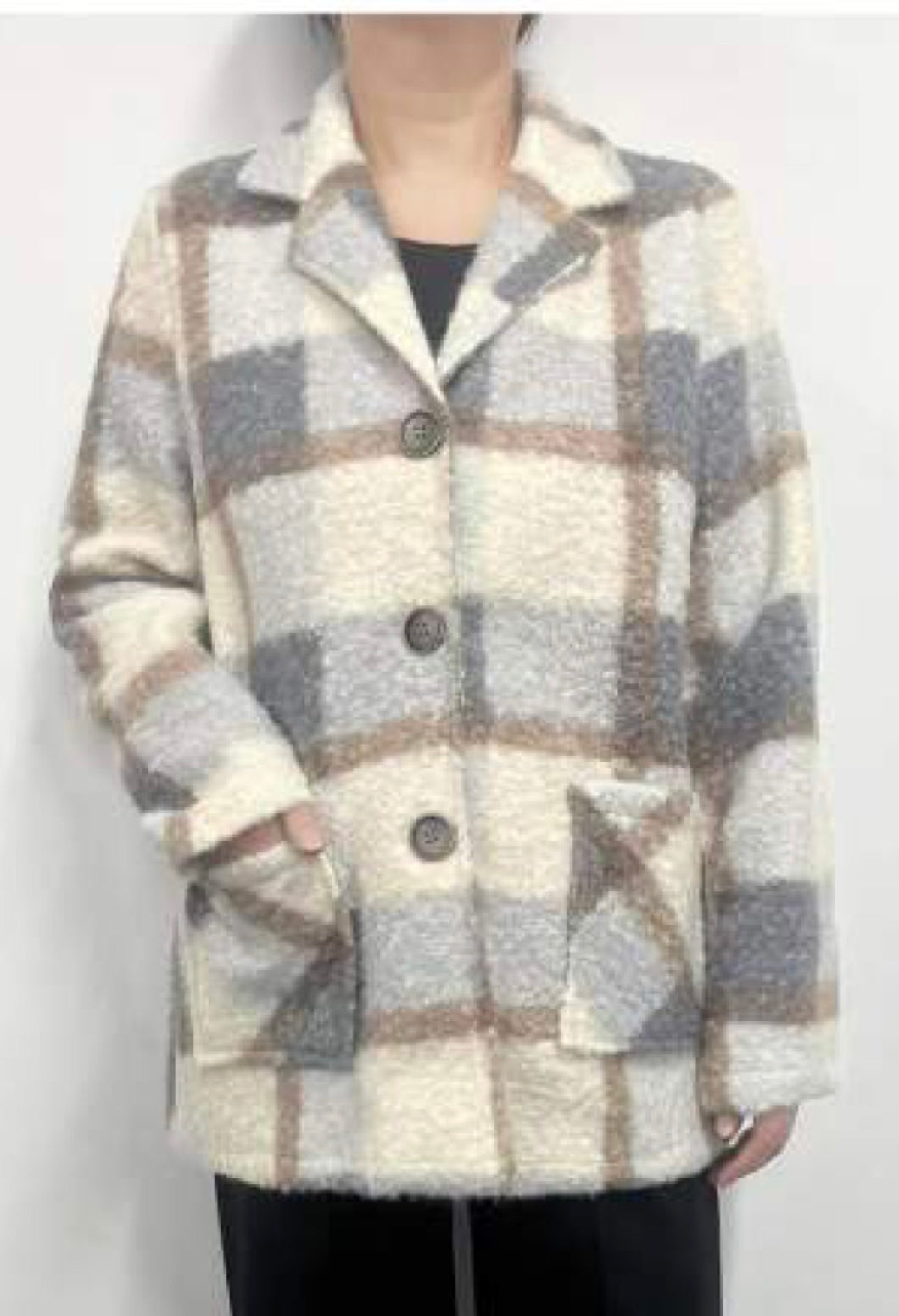 Plaid Boucle Coat with Front Pockets