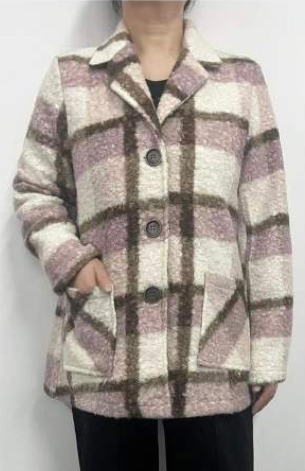 Plaid Boucle Coat with Front Pockets