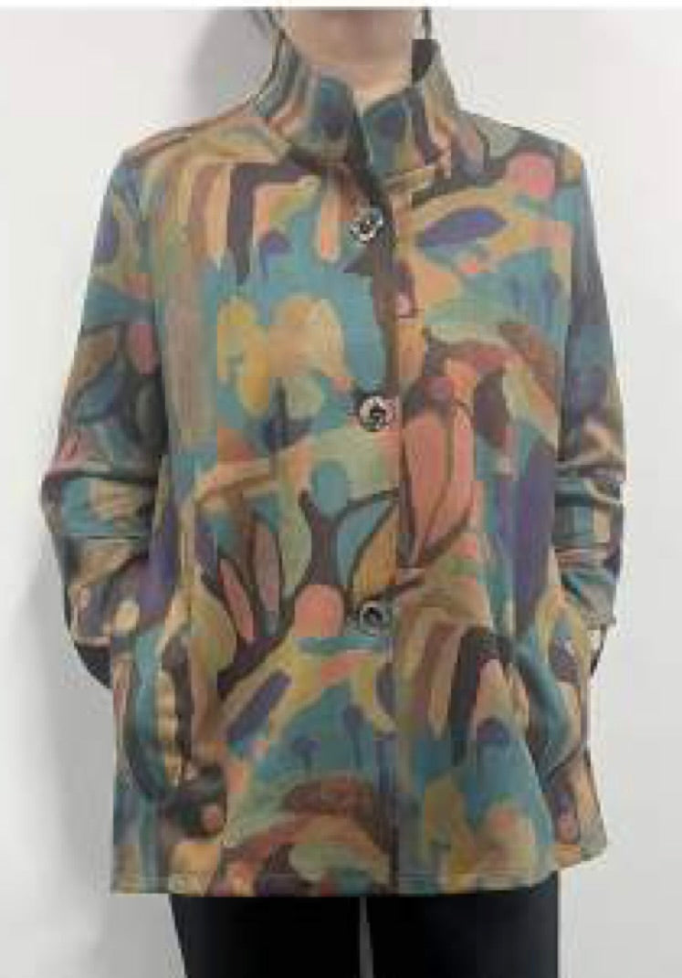 Classic Print Jacket with Mandarin Collar and Slash Pockets