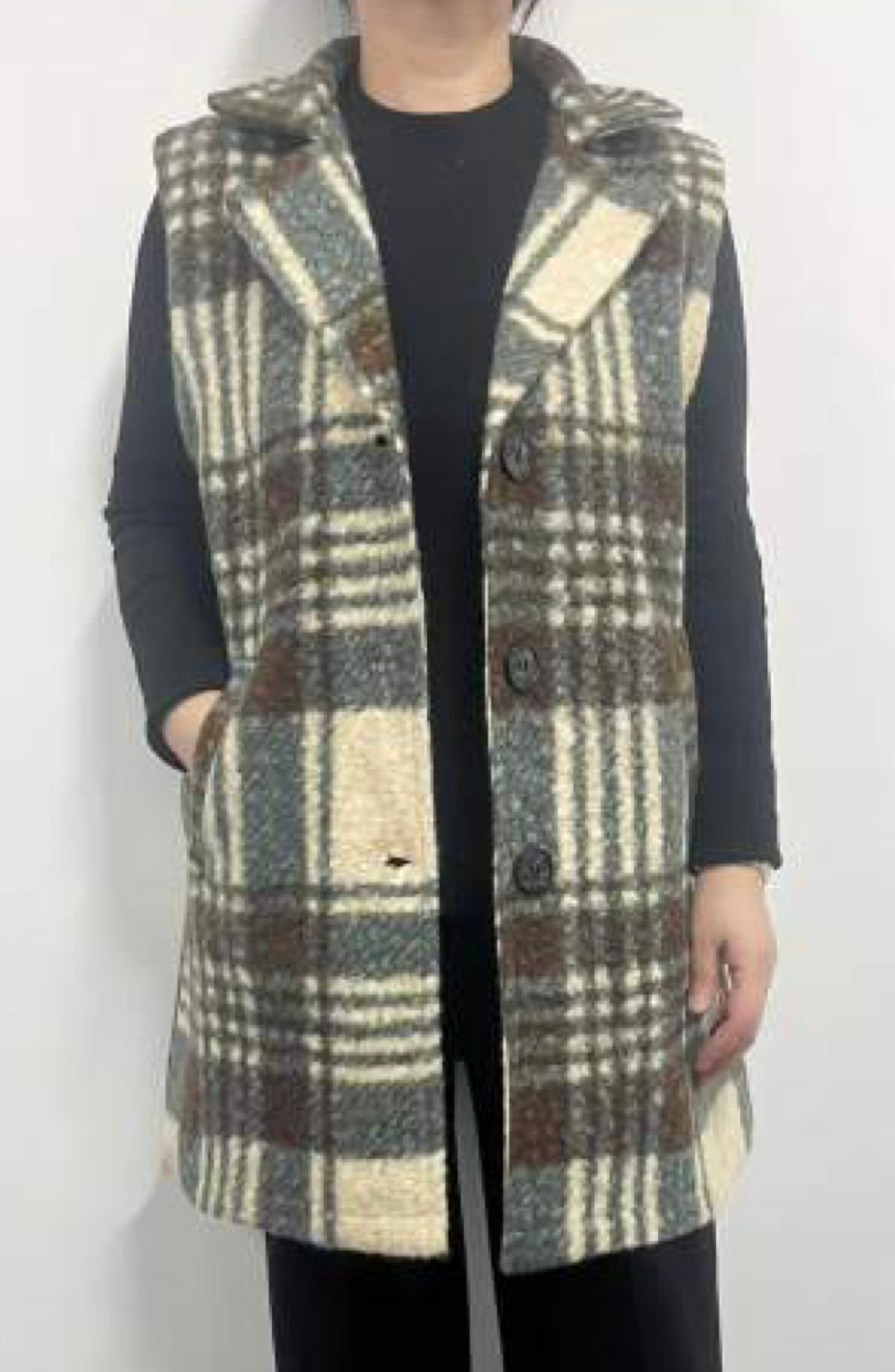 Classic Boucle Plaid Vest with Button Front, Pockets and Collar