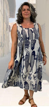 Load image into Gallery viewer, Plum Loco Linen Fish Print Dress with an Empire Waist and Pockets
