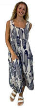 Load image into Gallery viewer, Plum Loco Linen Fish Print Dress with an Empire Waist and Pockets
