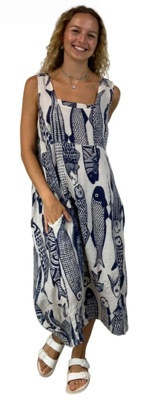 linen fish dress Plum Loco Print with an Empire Waist and Pockets for women No more stiff Vintage Hi-Low Off-Shoulder Long Color:Prickly Pear