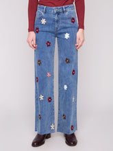 Load image into Gallery viewer, Charlie b Wide Leg Stretch Denim Pants with Allover Flower Patches
