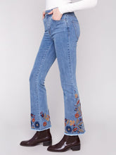 Load image into Gallery viewer, Charlie b Flare Leg Stretch Denim Pants with Colourful Embroidery on Sides and Hem
