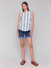 Load image into Gallery viewer, Charlie b Printed Sleeveless Crew Neck Woven Top with Rounded Hem
