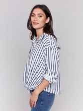 Load image into Gallery viewer, Charlie b Striped Roll Up Long Sleeve Blouse with Front Twist
