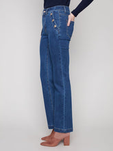 Load image into Gallery viewer, Charlie b Flare Leg Denim Pants with Buttons at Side Pocket
