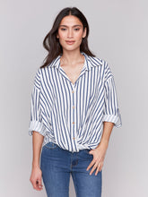 Load image into Gallery viewer, Charlie b Striped Roll Up Long Sleeve Blouse with Front Twist
