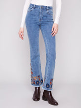 Load image into Gallery viewer, Charlie b Flare Leg Stretch Denim Pants with Colourful Embroidery on Sides and Hem
