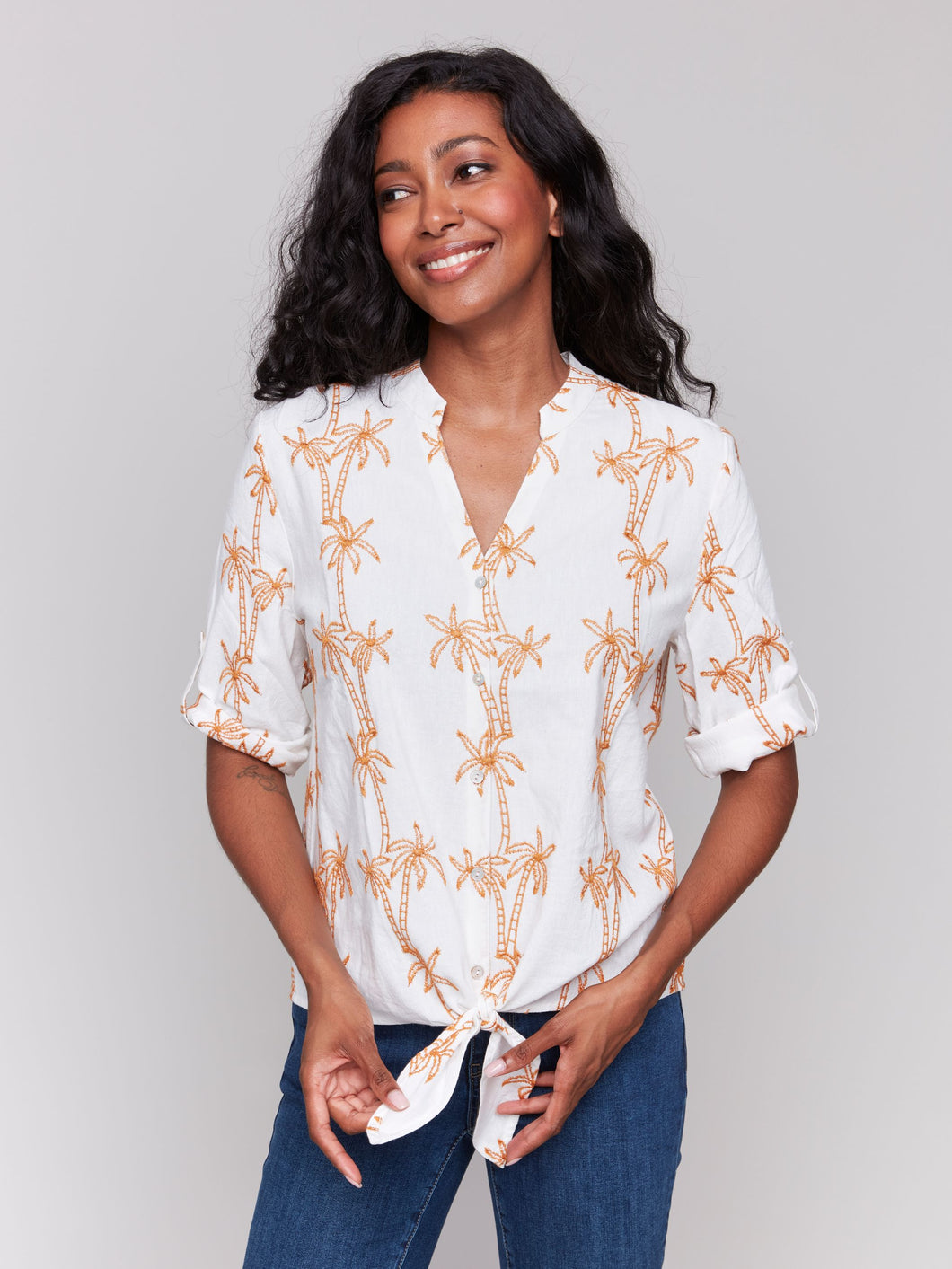 Charlie b Embroidery Front Tie Cotton Blouse