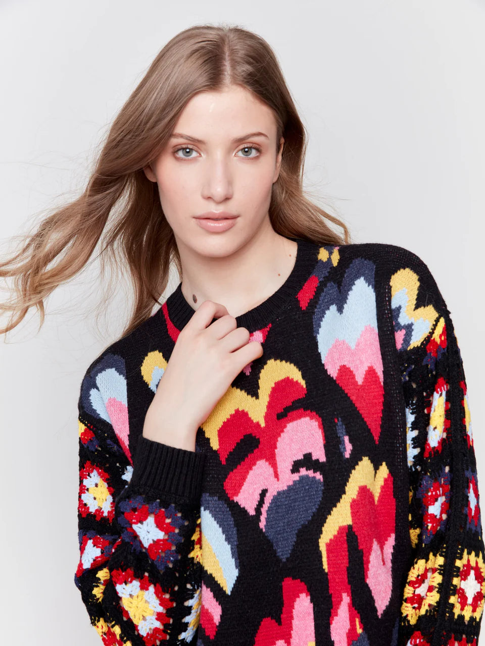 Charlie b Jaquard Print Sweater with Crochet Sleeves