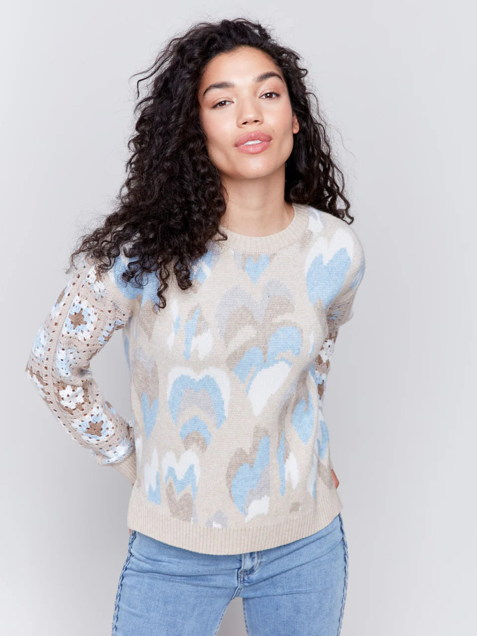 Charlie b Jaquard Print Sweater with Crochet Sleeves