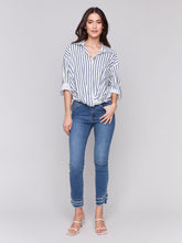 Load image into Gallery viewer, Charlie b Striped Roll Up Long Sleeve Blouse with Front Twist
