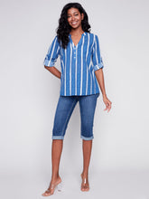 Load image into Gallery viewer, Charlie b Half Button Striped Rayon Blouse
