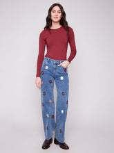 Load image into Gallery viewer, Charlie b Wide Leg Stretch Denim Pants with Allover Flower Patches
