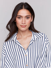 Load image into Gallery viewer, Charlie b Striped Roll Up Long Sleeve Blouse with Front Twist
