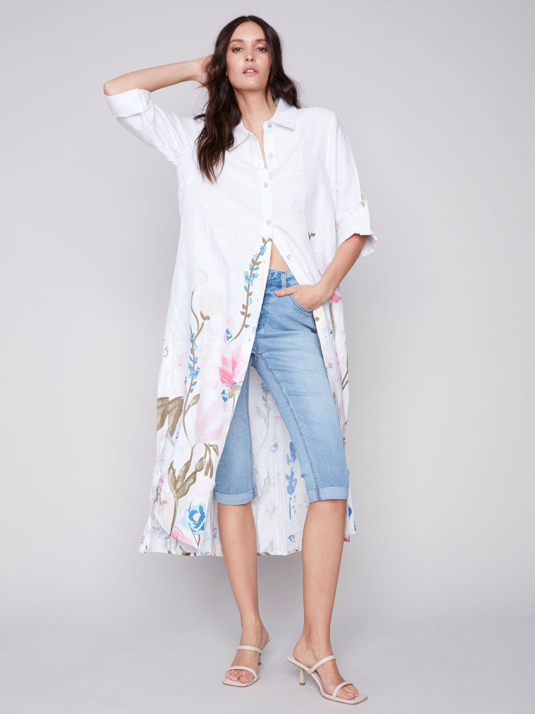 Charlie b Printed Linen Long Tunic/Dress with 3/4 Sleeves
