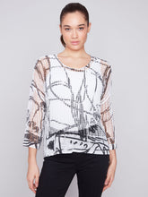 Load image into Gallery viewer, Charlie b Printed V Neck Fishnet Crochet Sweater
