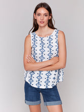 Load image into Gallery viewer, Charlie b Printed Sleeveless Crew Neck Woven Top with Rounded Hem
