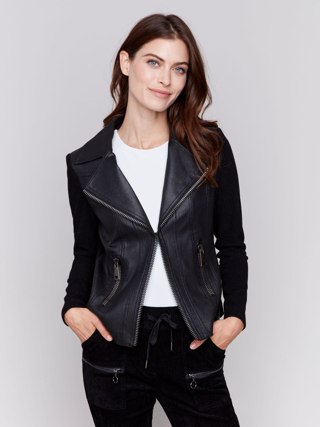 Charlie b Vintage Faux Leather and Rib Knit Combo Perfecto Jacket